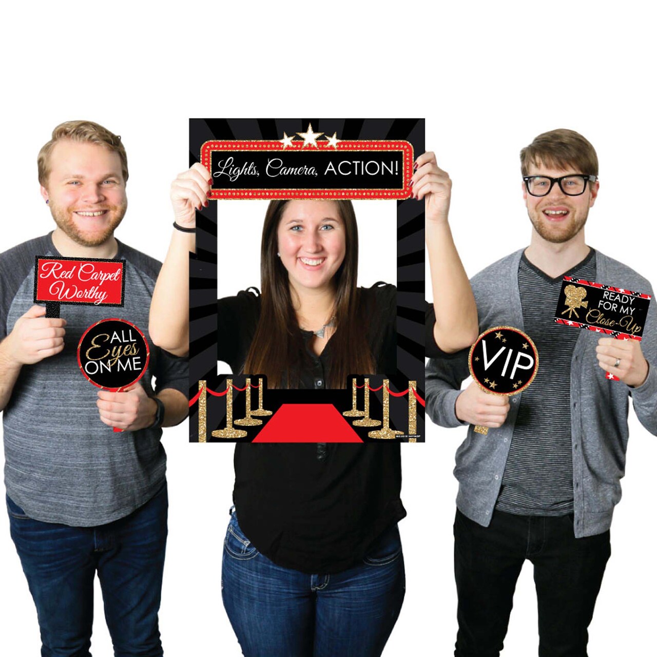 Big Dot of Happiness Red Carpet - Movie Night Party Selfie Photo Booth Picture Frame and Props - Printed on Sturdy Material